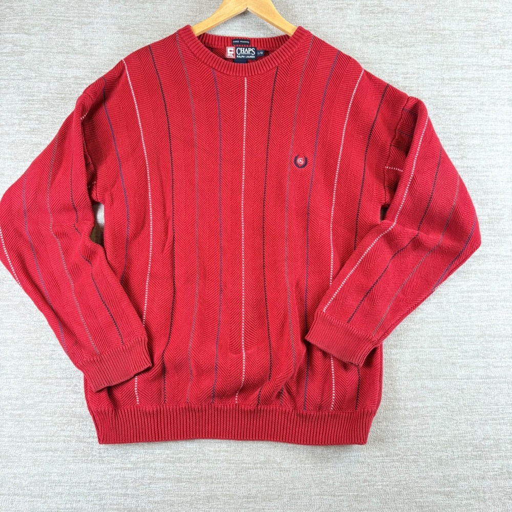 Vintage Ralph Lauren Textured Pinstripe Herringbone Crewneck Sweater Mens L Red